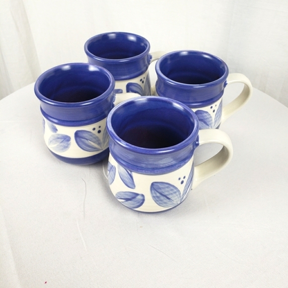 NWOT PFALTZGRAFF Villa Flora Blue Leaves Stoneware Coffee Mugs Set of 4 - Picture 1 of 12